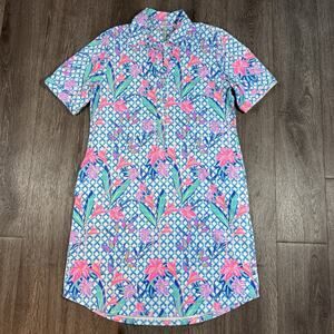 Lulu-B Vibrant Multicolor Floral Print Button Collar Dress Pockets Size M